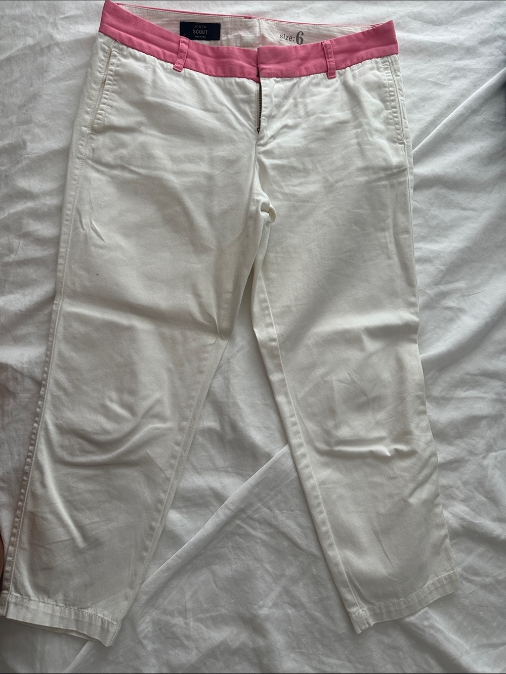 J. Crew White Chino Pants with Pink Waistband